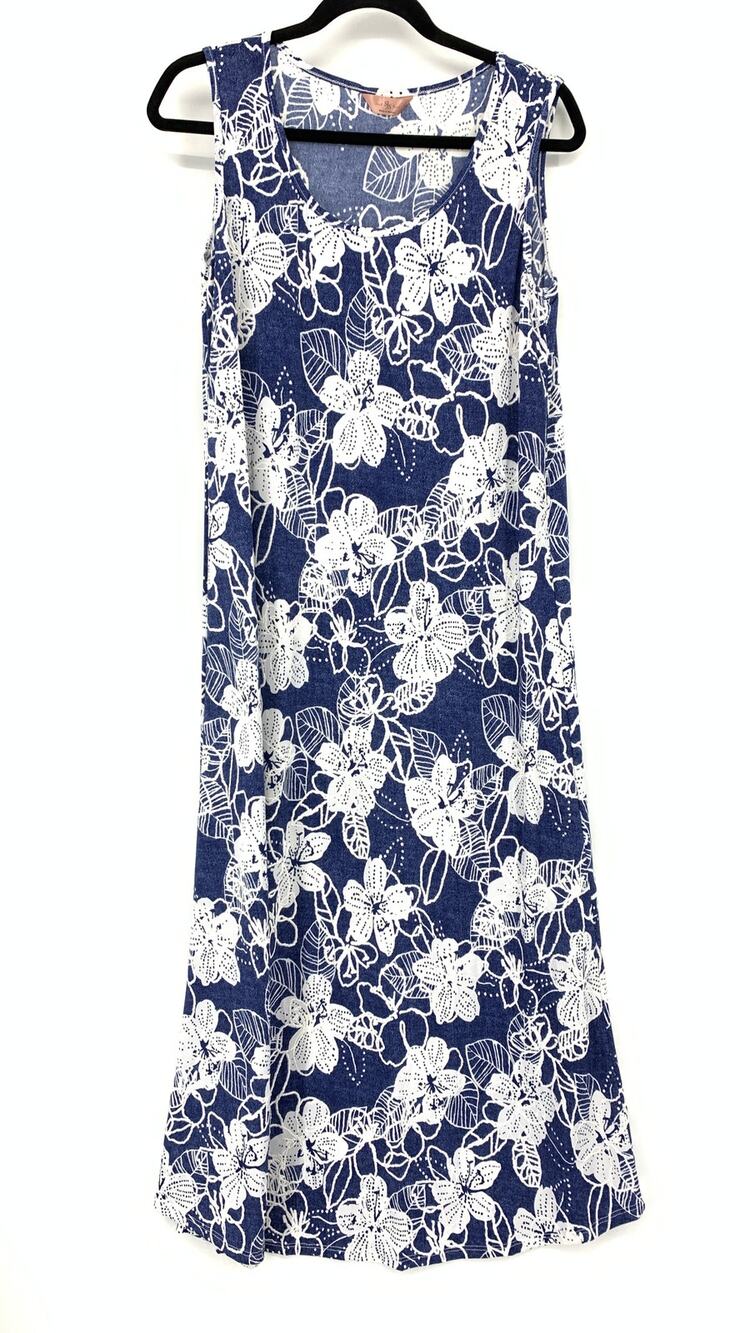 SJS Midi Dress Womens Size Large Sleeveless Blue + White Floral Print A-Line